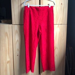J.Crew red lace pant with pockets.